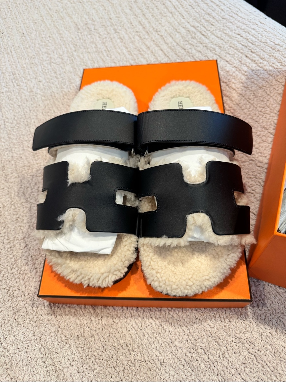 Hermes Black Shearling-Lined Slide Sandals